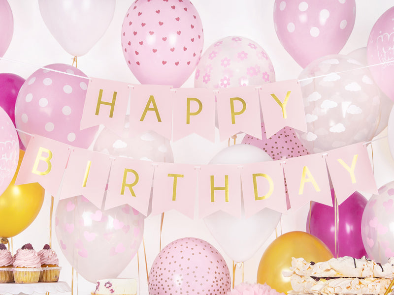 Lyserødt "Happy Birthday" banner