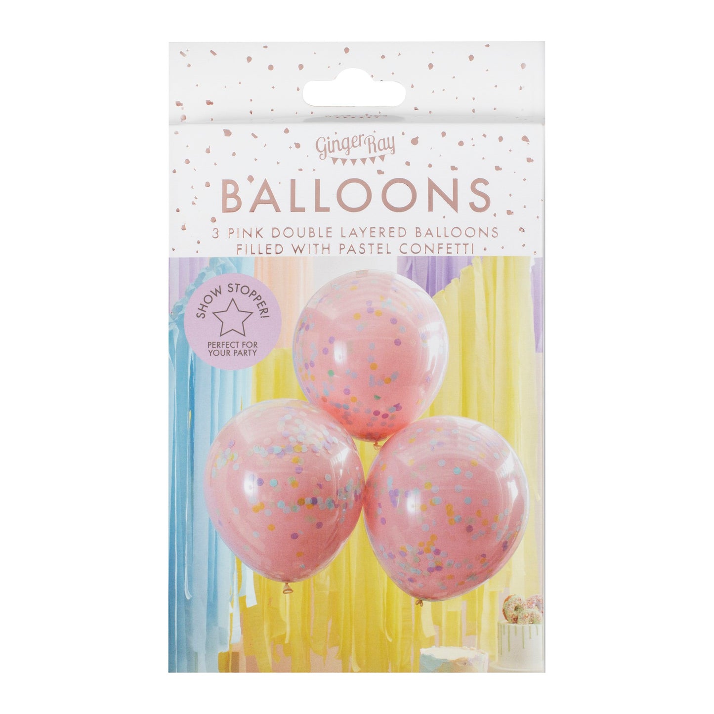To-lags lyserød konfettiballon med pastelfarver