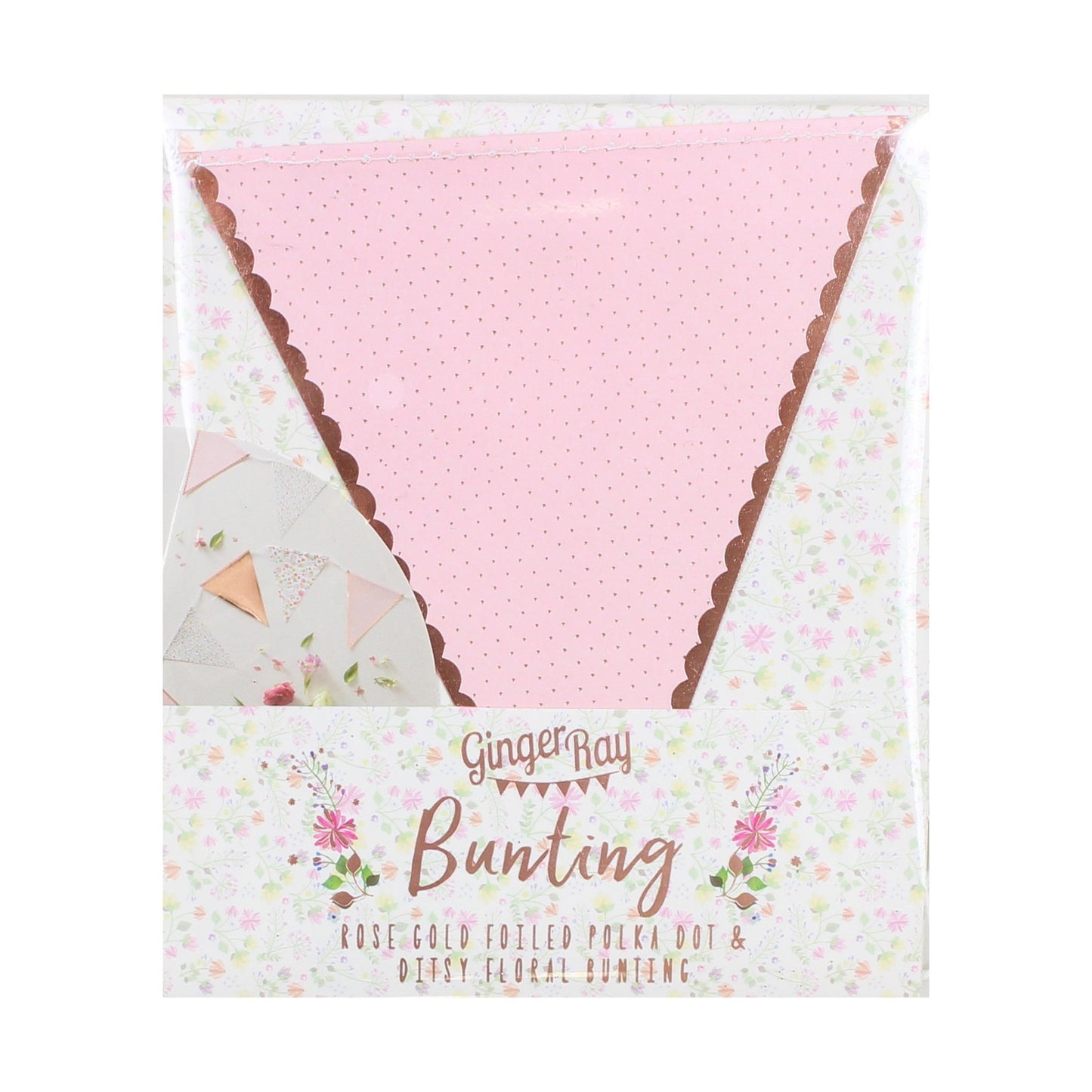 Rosaguld og blomsterprintet banner