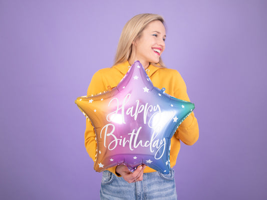 Regnbuefarvet folieballon "Happy Birthday"