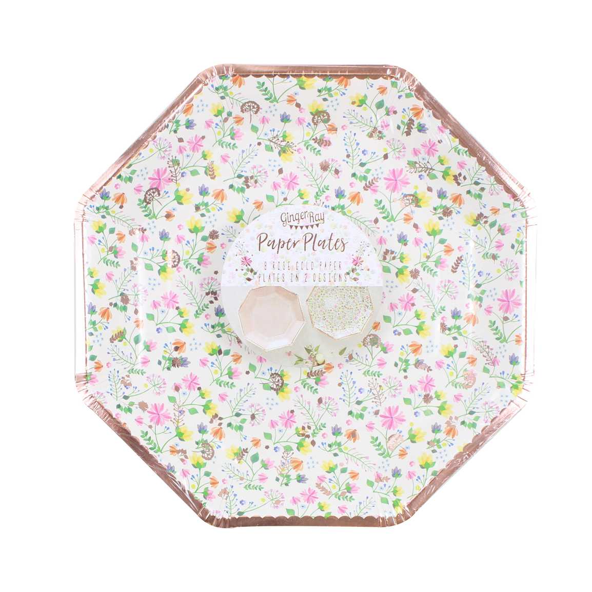 Rosaguld paptallerkner med blomsterprint - 8 stk