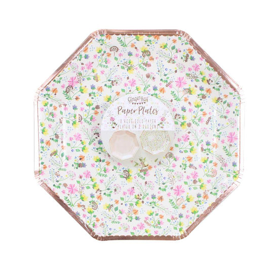 Rosaguld paptallerkner med blomsterprint - 8 stk